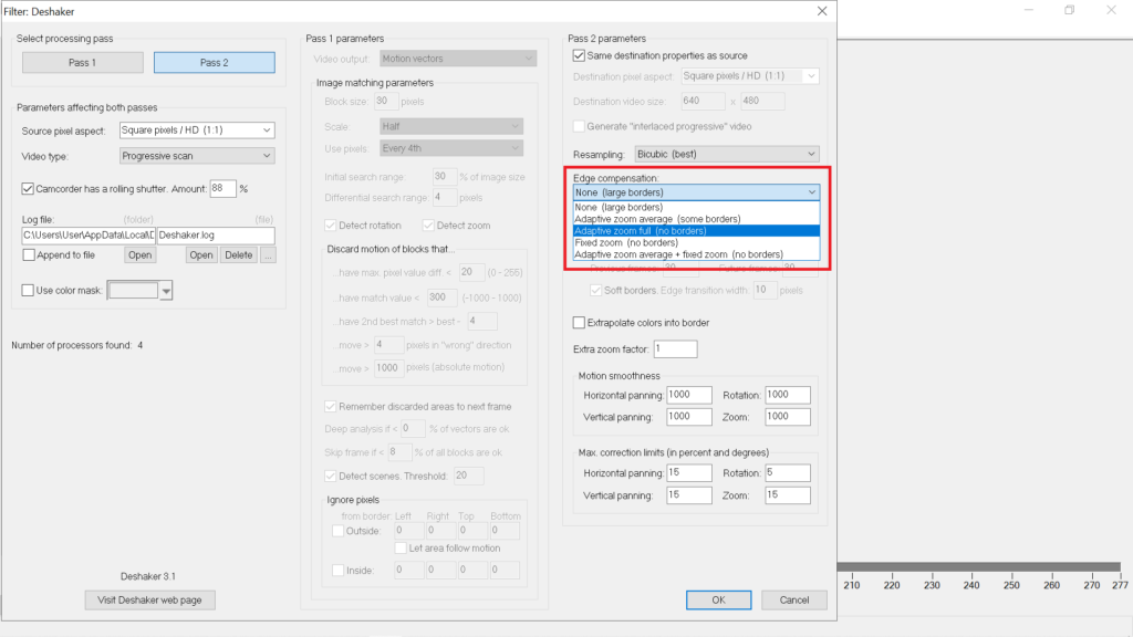 Deshaker Edge Compensation selections