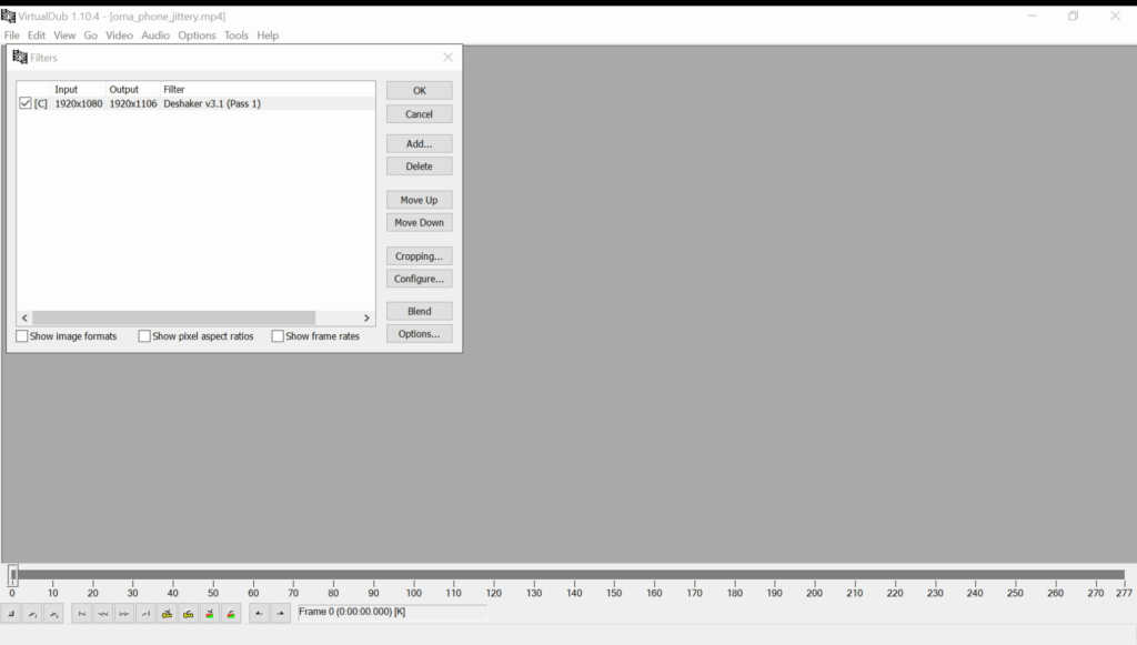 Graphical User Interface (GUI) of VirtualDub with Deshaker plugin 